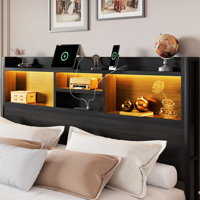 Très grande base de lit avec 6 tiroirs de rangement et tête de lit, lit plateforme avec lumières à DEL et station de charge, noir