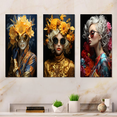 «Vibrant Vogue Woman Portrait - Abstract Popart», ensemble de 3 reproductions d'art mural en métal