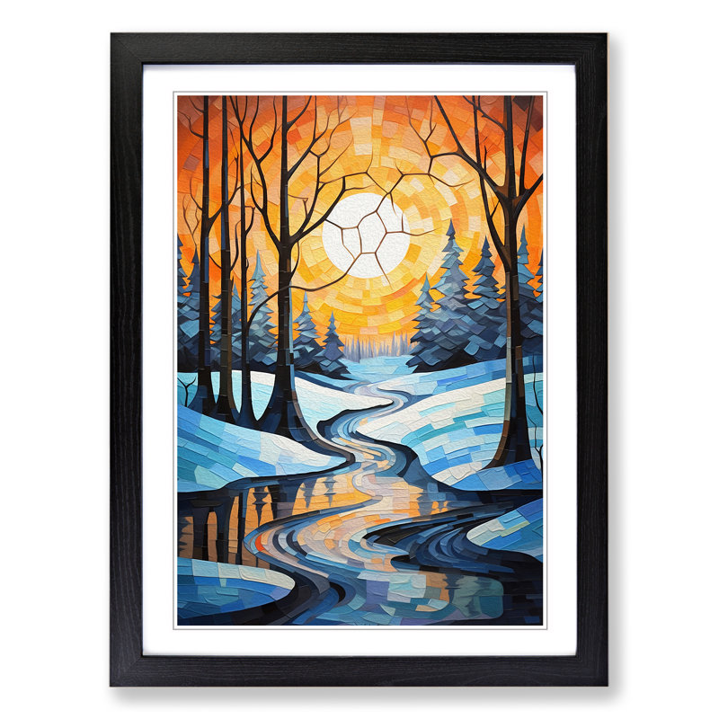 Winter Landscape Cubism - Single Picture Frame Print on Wood, 64cm H x 46cm W x 2cm D, Black