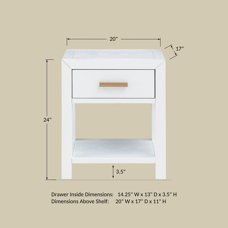 Solid Wood Single Drawer Nightstand, White Oak