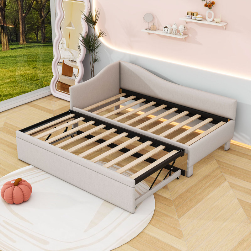 Twin Upholstered Daybed with Pop Up Trundle, Beige