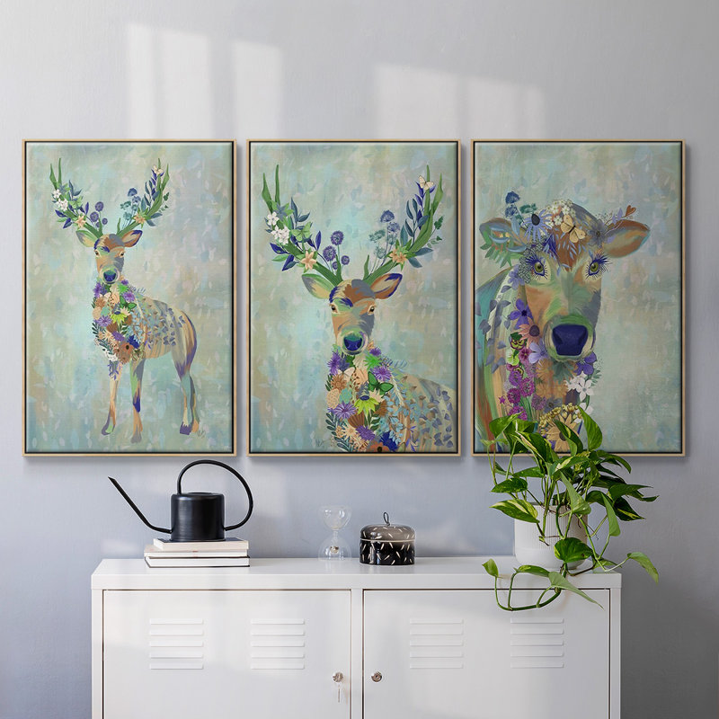 Fantastic Florals Cow 3 pièces, H 24 po x l 48 po x P 2 po, Cadre en bois naturel