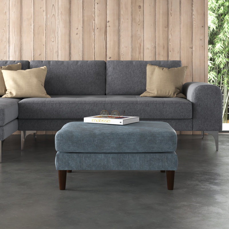 Repose-pieds modulaire Rio 32 po, siège à coussin carré, pieds en bois, tissu bleu ardoise, Mélange de polyester bleu