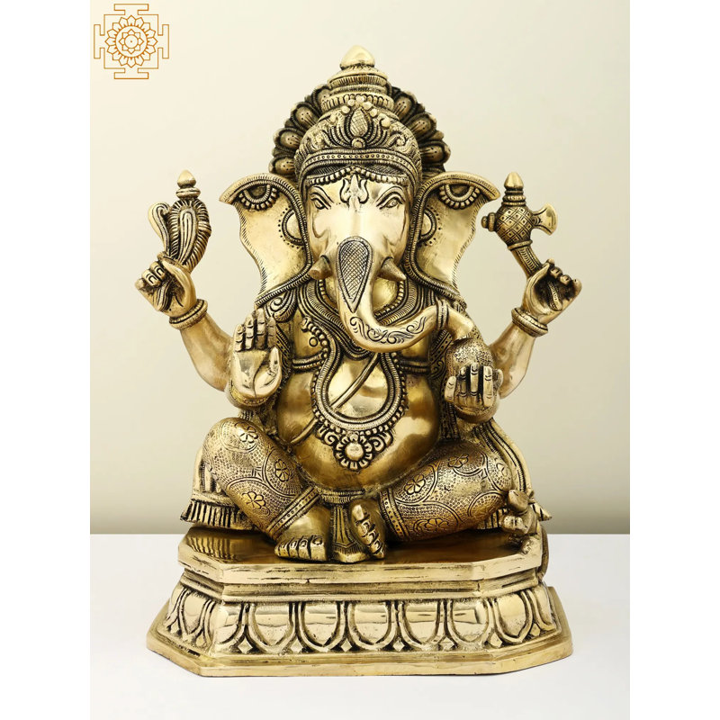 14" Brass Lord Ganesha Idol in Ashirwad Mudra – Handcrafted Hindu God Statue for Spiritual Blessings, Home Temple Decor