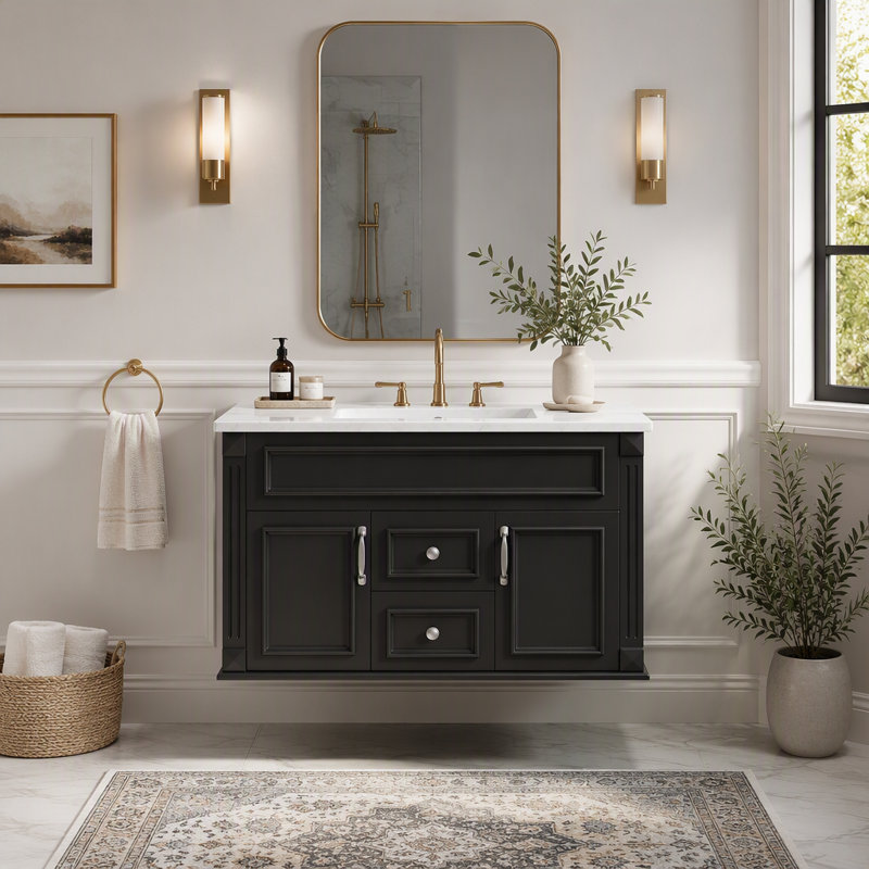 Meuble-lavabo mural 36 po avec lavabo et tiroirs en céramique, meuble-lavabo simple de style français avec charnières à fermeture douce