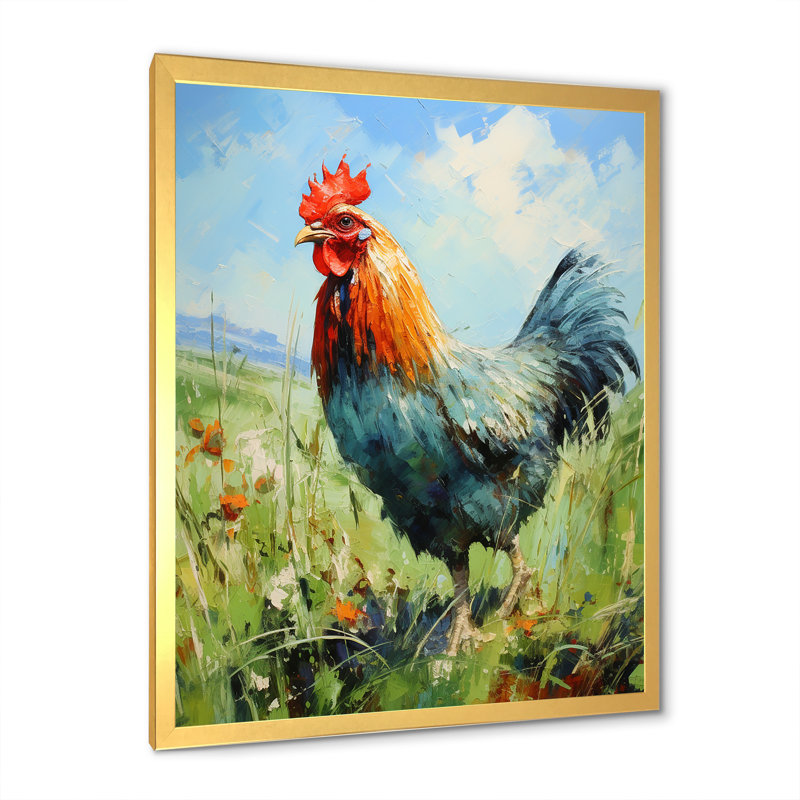 Ferme, coq, campagne, prairie I - coq, art mural, Cadre doré simple, H 32 po x l 24 po x P 1 po