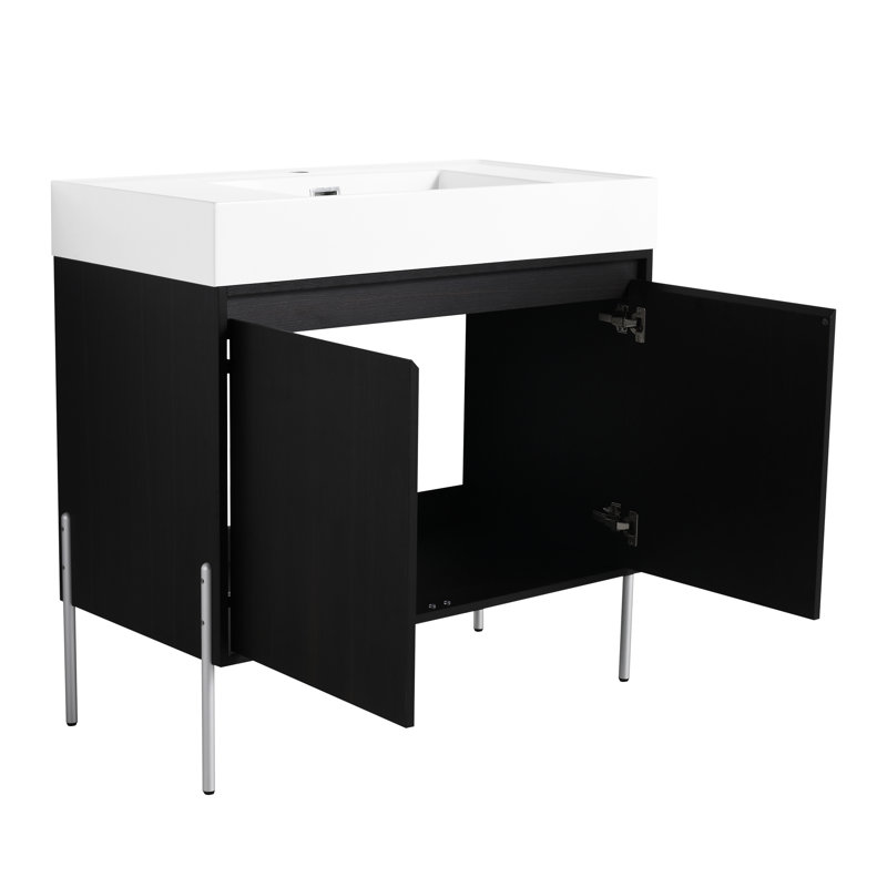 Armoire de salle de bain autoportante 36 po avec lavabo en résine - fini chêne foncé et aspect sophistiqué, 35"