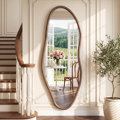 Miroir mural asymétrique pleine longueur avec cadre en bois massif, miroir décoratif moderne et organique pour chambre, entrée, salon, format horizontal/vertical