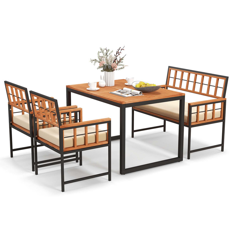 Elov 4 - Wood Person Patio Dining Set with Rectangular Table , Cushions Included