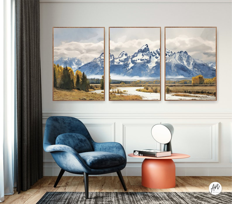 «Grand Teton National Park», reproduction d'art à l'aquarelle sur montagnes sans cadre, Toile tendue