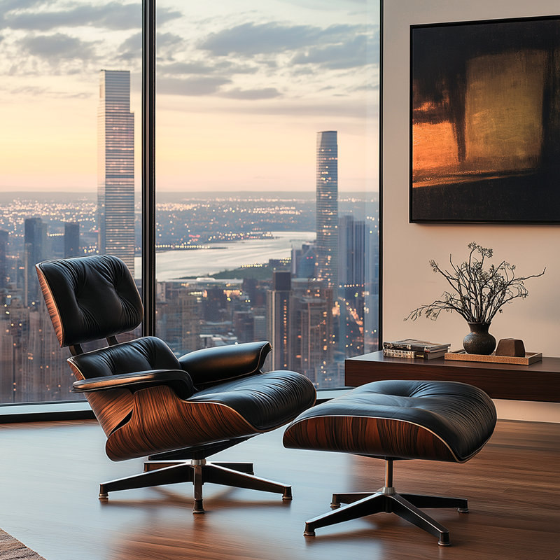 Classic Genuine Leather Swivel Lounge Chair with Ottoman for Modern Home, Solid Wood Accent Chair, Black/Rosewood