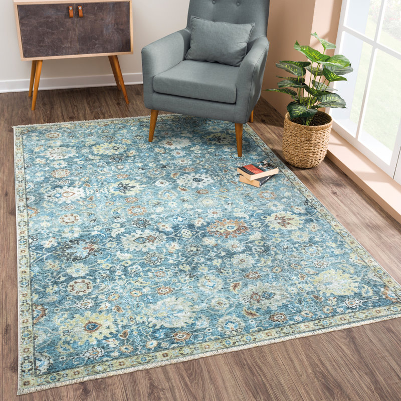 Washable Non-Slip Area Rug - Blue / Beige Traditional Oriental Runner for Entryway, Hallway, Bathroom, and Kitchen