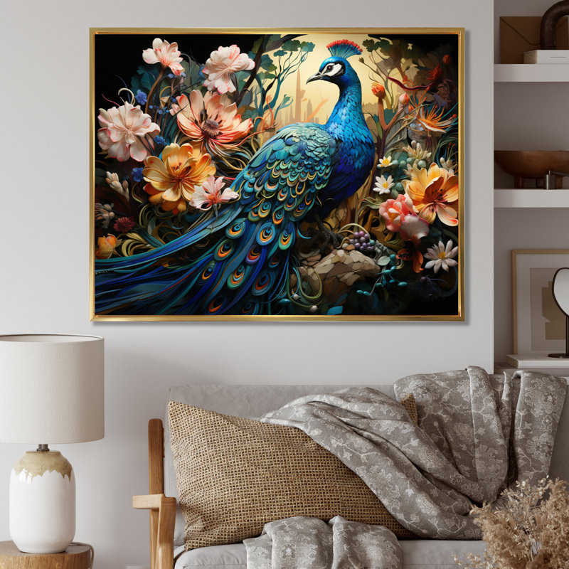 Teal Peacock Parade I - Peacock, reproduction d'art encadrée, H 12 po x l 20 po x P 1 po, Cadre flottant doré