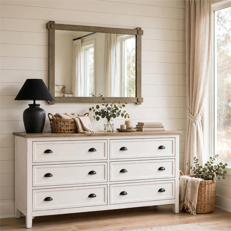 Miroir de commode Cera, menuiserie carrée, chêne blanc antique, 37 x 49