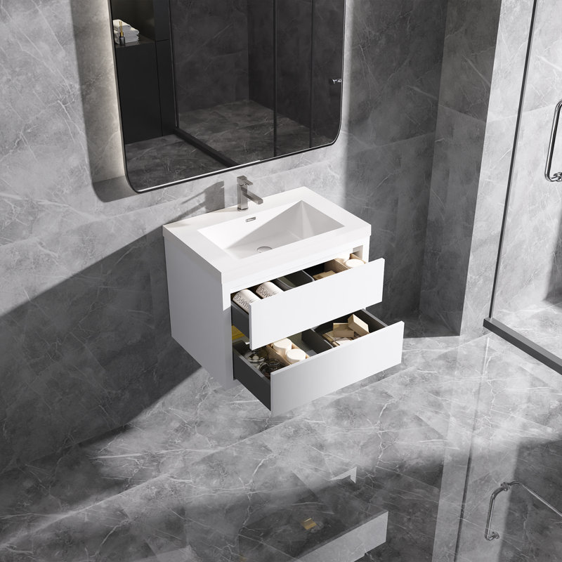 Meuble-lavabo mural flottant avec surface de lavabo simple en blanc, 30", White