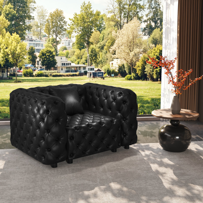 Canapé simple Chesterfield 48,4 po en similicuir moderne avec très grand coussin, Noir