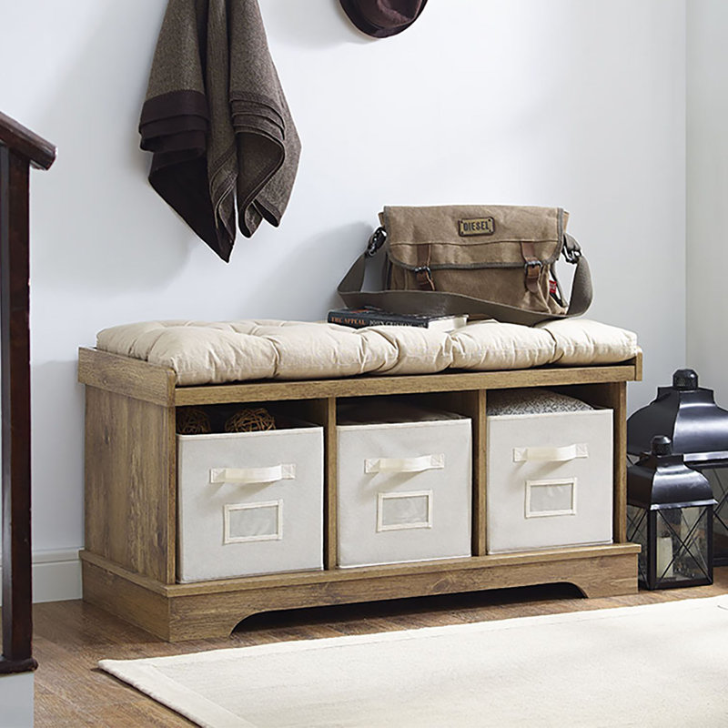 Banc de rangement à casiers avec trois bacs en tissu Mugurel, Bois de grange