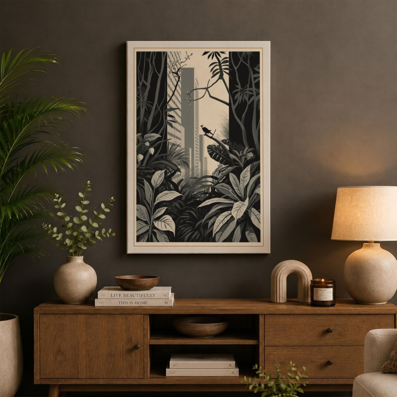 Jungle Interior Botanical - Wrapped Canvas, 36x24 - 91.4 x 61.0 cm, Sage Border