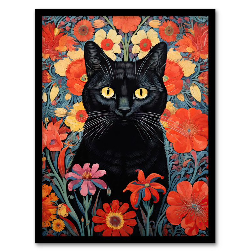 Stylish Black Cat Red Flowers Floral Design Lucky Witch - Single Picture Frame Print