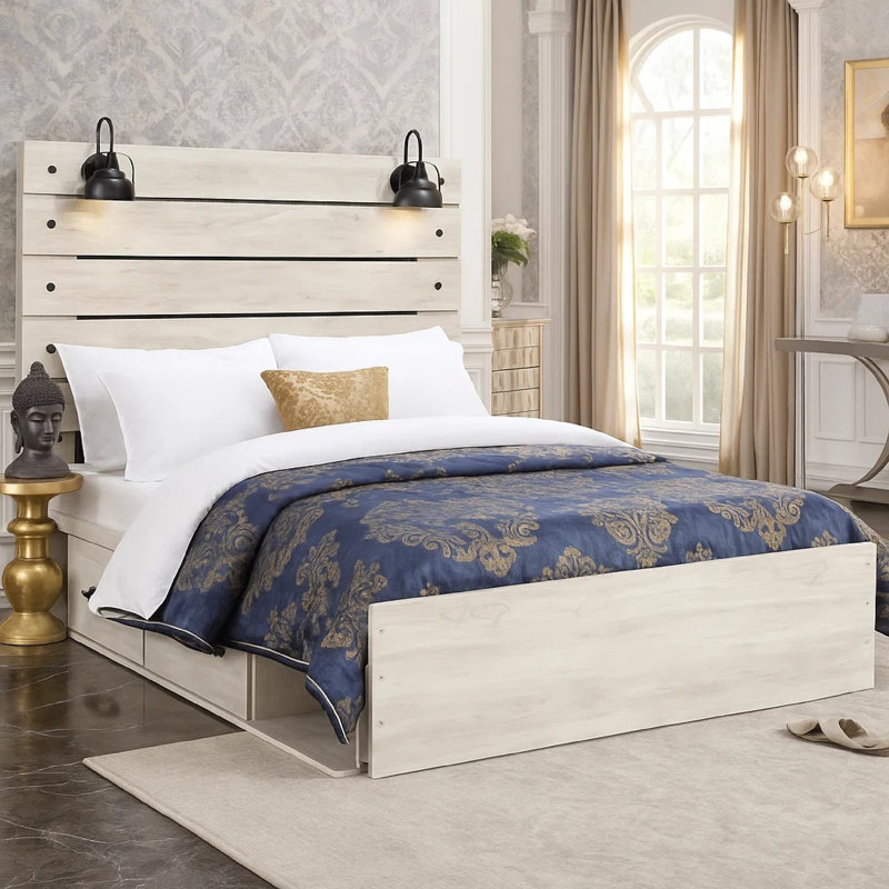 Cemy Rustic Queen Panel Bed, 2 Sconce Lights And Drawers, Whitewash, Queen