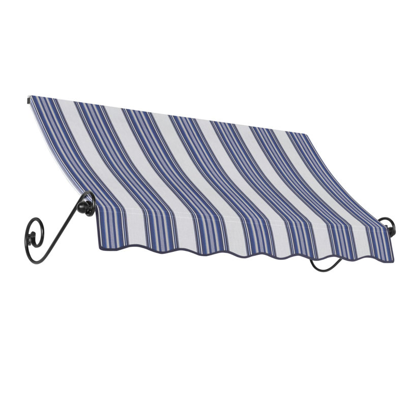 Awntech Charleston Acrylic Fabric Awning with Iron Scroll Arms, 24" H x 40.5" W x 24" D, Navy/Gray/White Multi