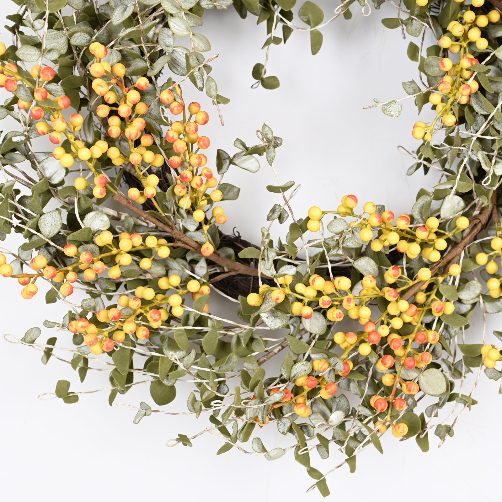 24" Artificial Farmhouse Mini Eucalyptus Blossoms Cluster Berry Spring Fall Wreath For Front Door, Green/Yellow