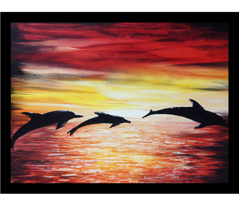 Natation de dauphins au coucher du soleil - reproduction de cadre photo, H 12 po x l 16 po x P 1 po