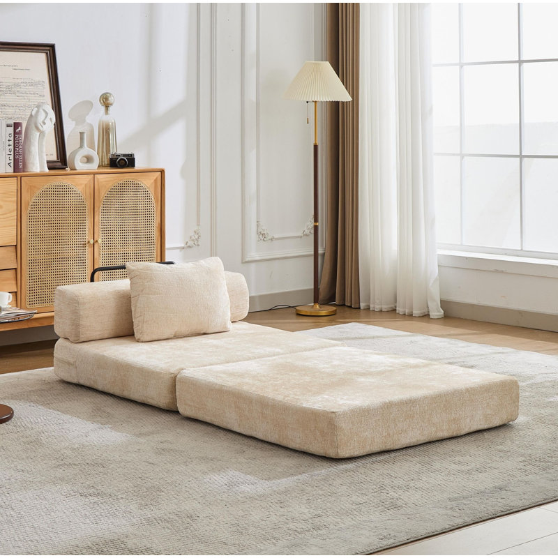 Canapé à compression, canapé-lit convertible au sol avec structure de forme fixe, canapé modulaire à une place sans os, sans assemblage, tissu chenille, pour la chambre à coucher, beige