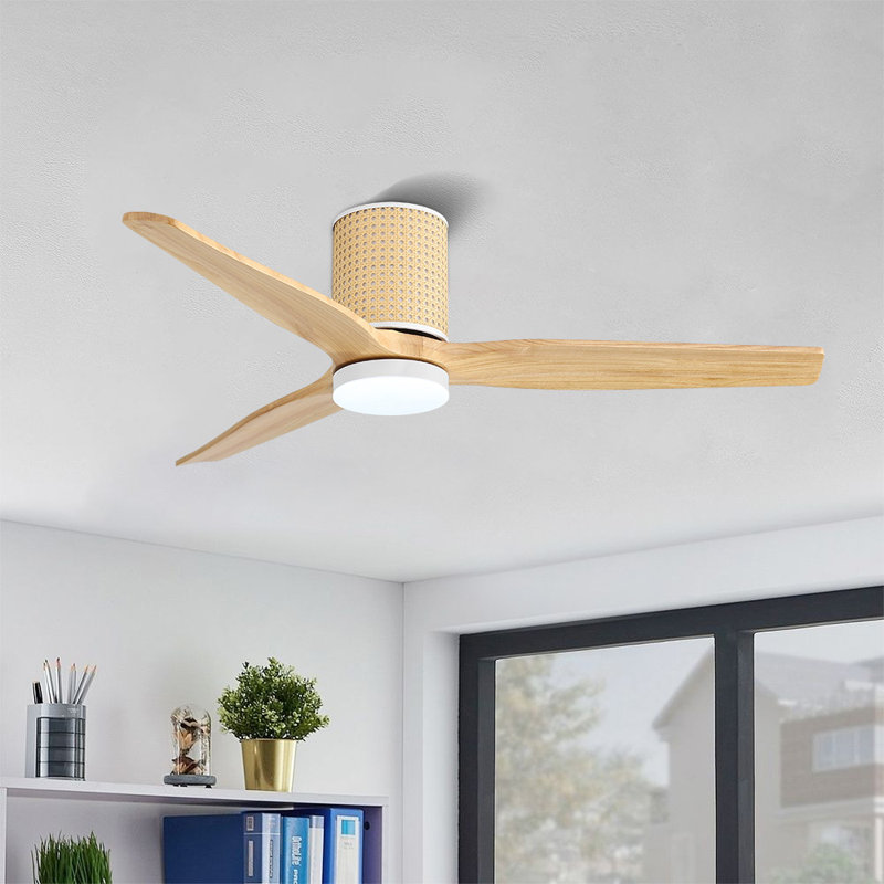 52 In. 3 Solid Wood Blades Flush Mount Ceiling Fan With Led Light, White/Natural, Wood Grain