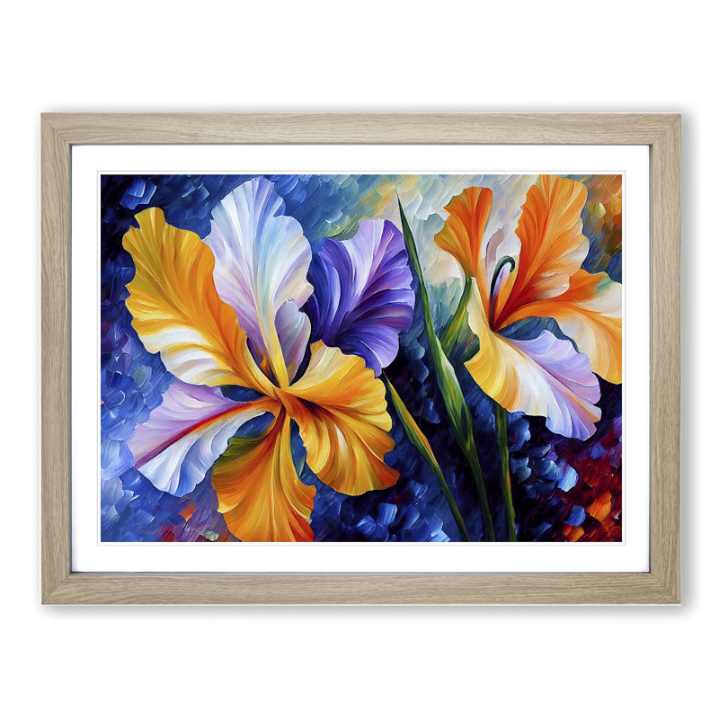 XH1022-10155X Wild Iris Flowers Abstract - Single Picture Frame Painting, 46cm H x 64cm W x 2cm D, Oak