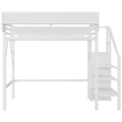 Twin Xl White Metal Loft Bed With Staircase, Storage Shelves Next To Upper Bed, And Built - In Wardrobe, 11.3" Guardrail Height, 54.3" Under Space