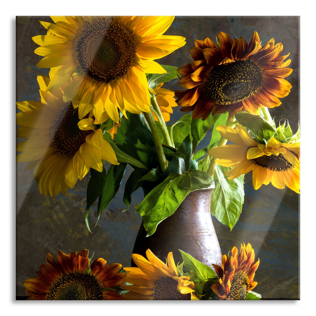 Glasbild Sonnenblumen in einer schönen Vase