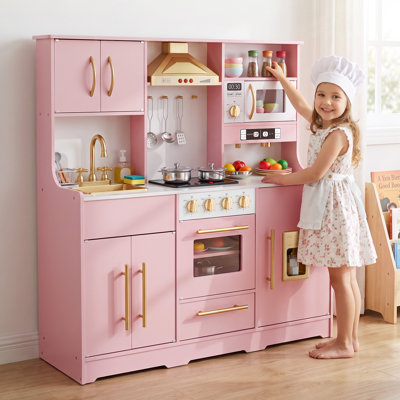 Wooden Kids Play Kitchen, Toy Kitchen Playset for Toddler, Realistic Kitchen Sets w/Lights & Sounds, Gift for Boys Girls Age 3+