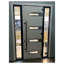 Porte d'entrée extérieure prémontée en acier Ronex 0131, grise, avec imposte et fenêtre latérale. Style moderne, peinturé, largeur 36 po x hauteur 80 + 16 po, ouverture à droite vers l'intérieur.-98196147