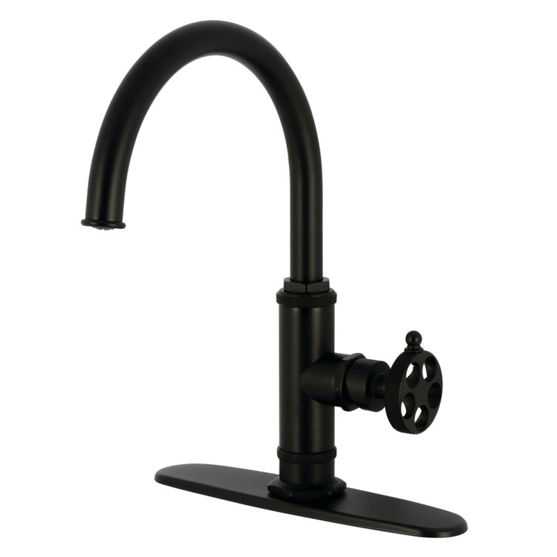Kingston Brass Webb Single-Handle 1-Hole Deck Mount Kitchen Faucet with Knurled Handle and Brass Side Sprayer, Matte Black