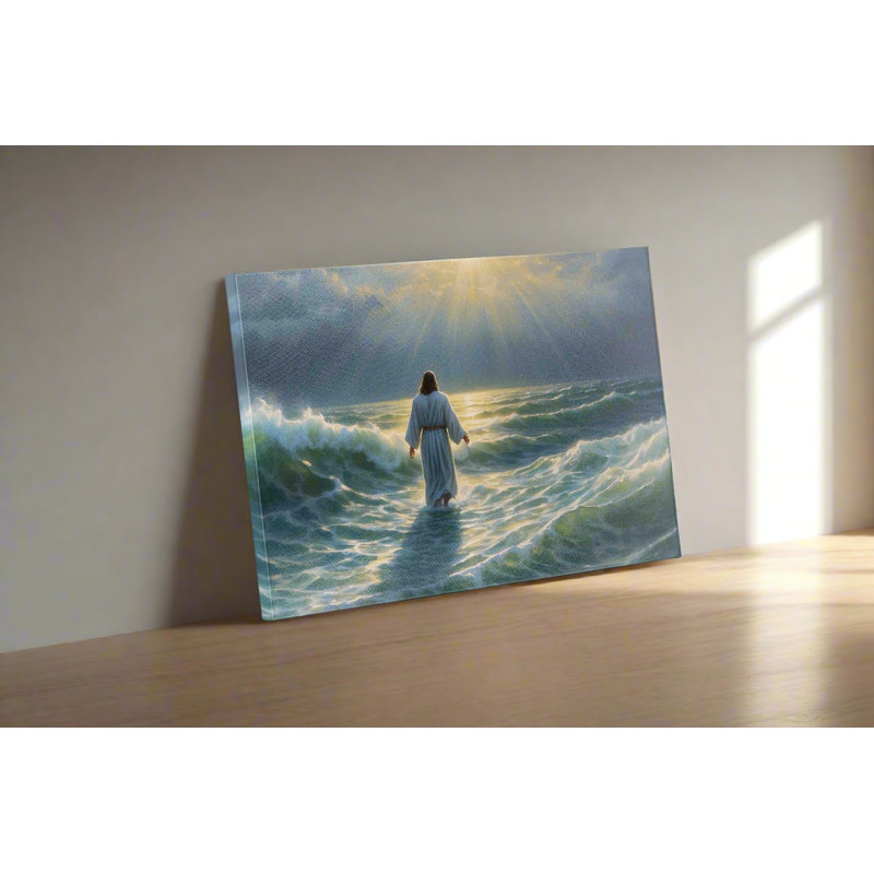 Jésus marche sur l'eau dans un cadre flottant blanc - 4836 pouces, H 28 po x l 40 po, Noir, noir, noir, noir