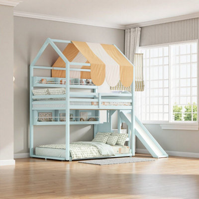 Lit mezzanine double beige avec garde-robe, bureau et rangement intégrés - Meuble en bois compact pour les chambres modernes