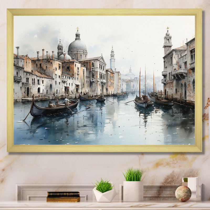 "Blue Canal Urban Venice Charcoal", reproduction sur toile, H 12 po x l 20 po x P 1 po, Cadre flottant doré