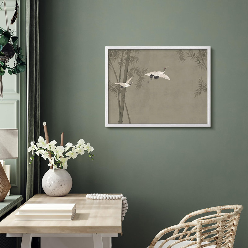 «Graceful Cranes and Bamboo in Classic Asian Landscape Illustration», affiche encadrée rustique, Blanc / Blanc