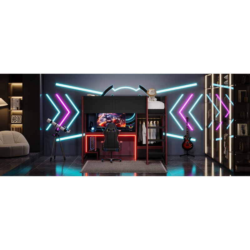 Lit mezzanine simple pour jouer en bois noir avec bureau intégré, garde-robe, lampe à DEL et tiroir - Conception sécuritaire et sécuritaire