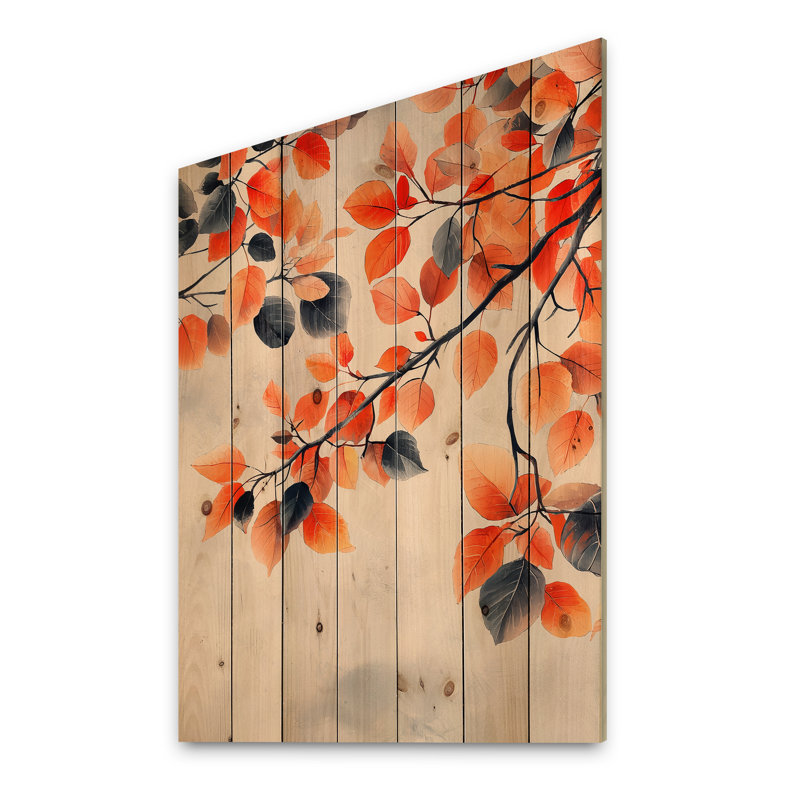 Orange Autumn Leaves II - Leaves Wood Print - On Natural Pine Wood, 40" H x 30" W x 0.78" D