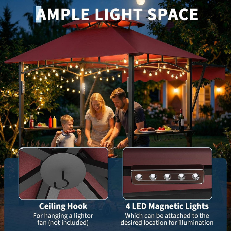 8x5 ft Double-Tier Grill Gazebo with 7x3 ft Front Awning, Heavy Duty Q235 Steel Frame, 2 Shelves, 10 Hooks & LED Lights for Patio, BBQ, Backyard, Claret