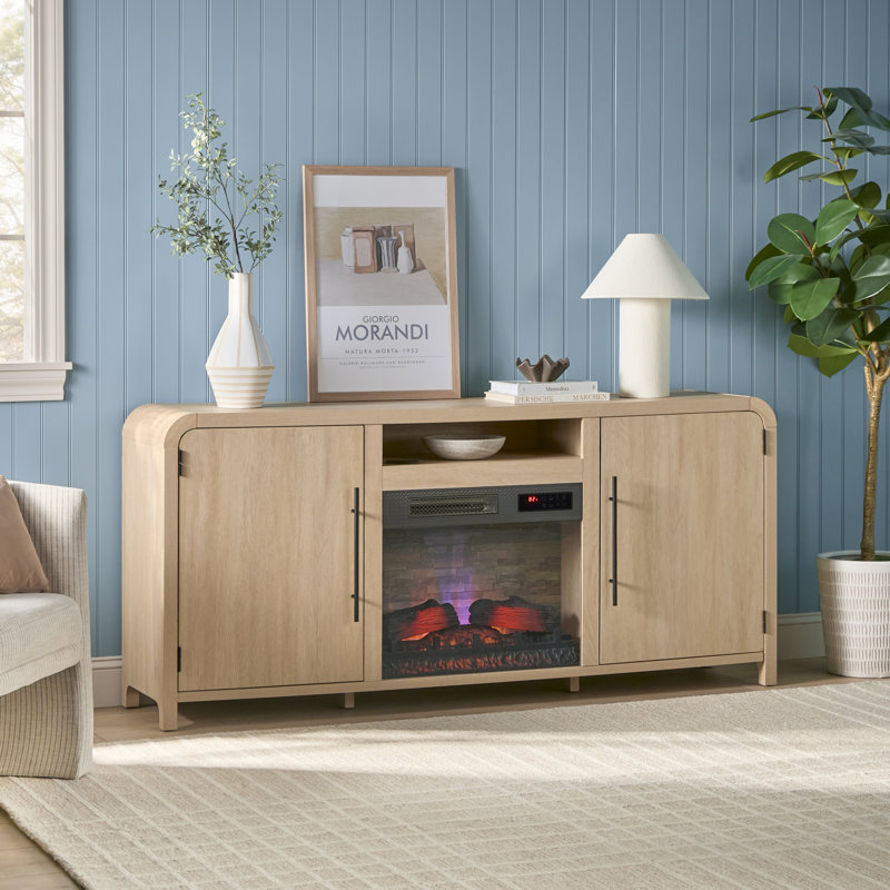 Meuble télé moderne incurvé Chantelle de 70 po avec foyer électrique intelligent duraflame®, commande vocale et application Alexa, chêne côtier