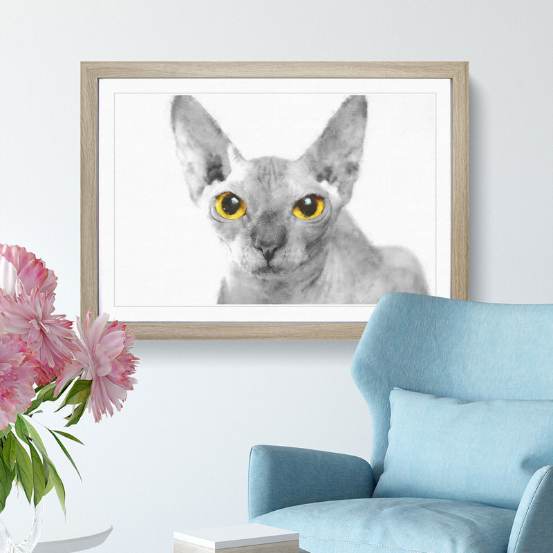 Sphynx Cat with Amber Eyes - Picture Frame Painting Print, Oak Framed, 33cm H x 45cm W x 2cm D