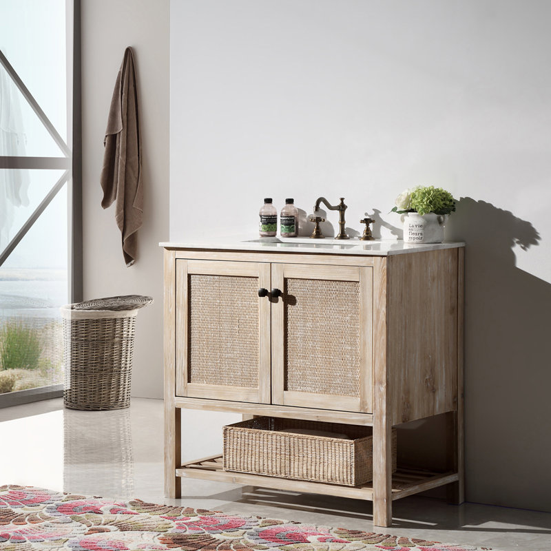 36" Freestanding Farmhouse Bathroom Vanity, Solid Wood Rattan Cabinet, Carrara White Marble Top, Single Sink