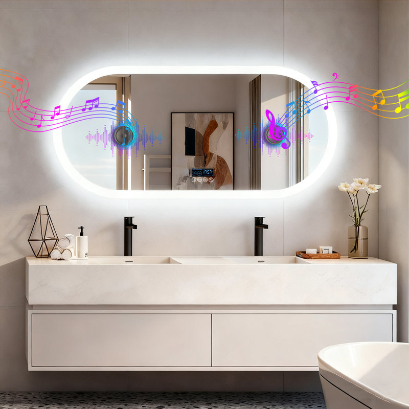 Oval Bathroom Mirror With Led Lights And Built-in Bluetooth Speaker, Time Temperature Display Unit - Smart Lighted Vanity Makeup Wall Mounted Mirrors - 3 Lights Setting Anti-fog Dimmable Ip56
