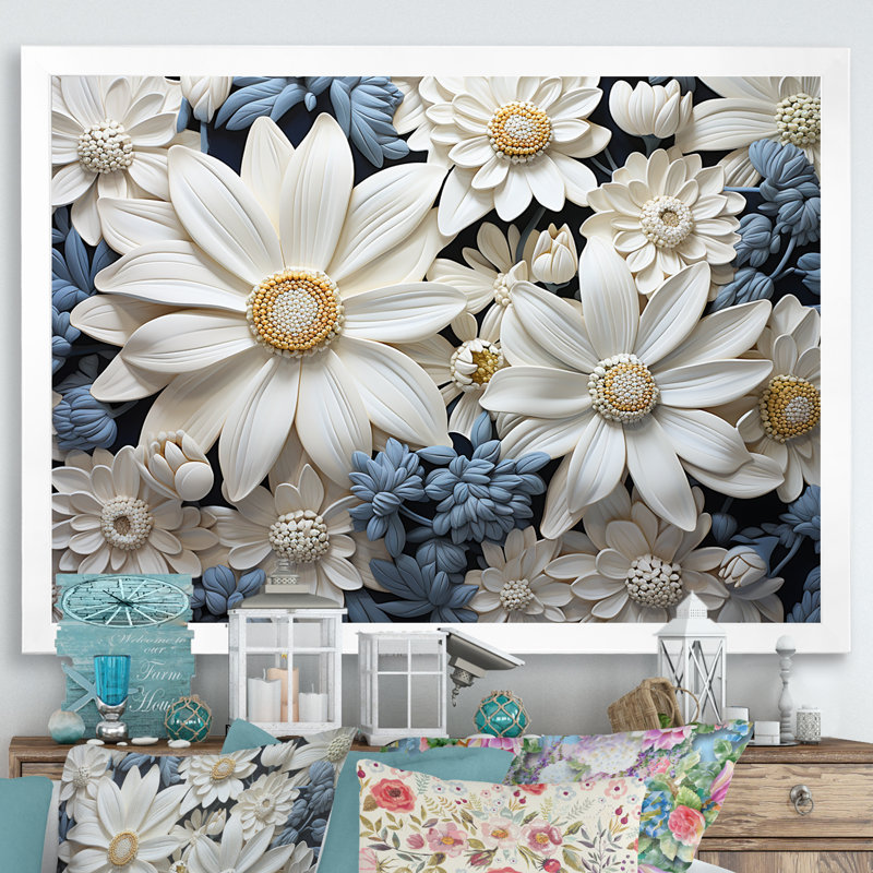 «White Daisy Meadow Elegance I», art mural encadré marguerites, L 32 po x H 24 po x P 1 po, Cadre blanc
