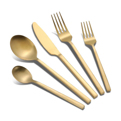 40 Piece Gold Flatware Set for 8, Matte Gold Stainless Steel Silverware Set, Cube Handle Cutlery, Dishwasher Safe (40 Pcs)