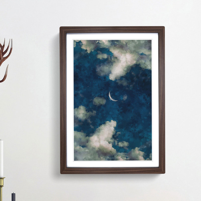Crescent Moon Through The Clouds - Single Picture Frame Painting on MDF, Walnut Framed, 87cm H x 62cm W x 2cm D