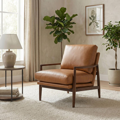 Genuine Italian Leather Square Arm Accent Chair with Solid Oak Wood Frame, Fully Assembled